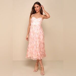 Blush Pink Floral Pleated Midi Dress- Size Large